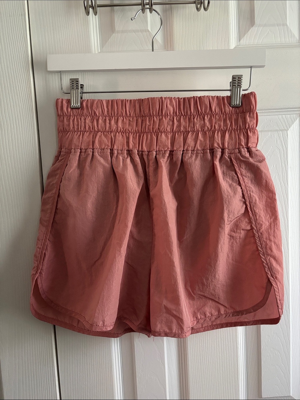 Smocked High-Waist Athletic Shorts in Coral